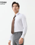 COTTON STRETCH-KNIT SHIRT IN LIGHT GRAY FISHBONE PATTERN