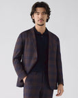 SUIT JACKET IN MICRO-PATTERNED STRETCH FABRIC COFFEE BLUE CHECKERED PATTERN