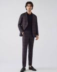 SUIT IN MICRO-PATTERNED STRETCH FABRIC COFFEE BLUE CHECKERED PATTERN