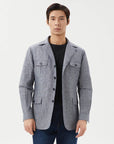 SAFARI JACKET IN A LINEN BLEND NAVY AND WHITE GRID PATTERN