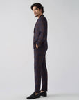 SUIT IN MICRO-PATTERNED STRETCH FABRIC COFFEE BLUE CHECKERED PATTERN