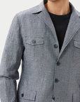 SAFARI JACKET IN A LINEN BLEND NAVY AND WHITE GRID PATTERN