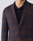 SUIT JACKET IN MICRO-PATTERNED STRETCH FABRIC COFFEE BLUE CHECKERED PATTERN