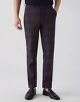 SUIT IN MICRO-PATTERNED STRETCH FABRIC COFFEE BLUE CHECKERED PATTERN