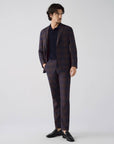 SUIT JACKET IN MICRO-PATTERNED STRETCH FABRIC COFFEE BLUE CHECKERED PATTERN